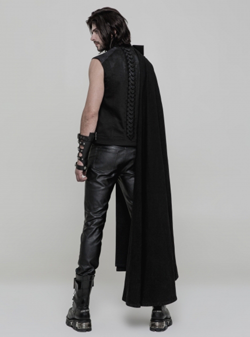 Gothic Style Unique Dark Pattern Woven Fabric Metal Button Decoration Irregular Hem Handsome Black Long Cloak