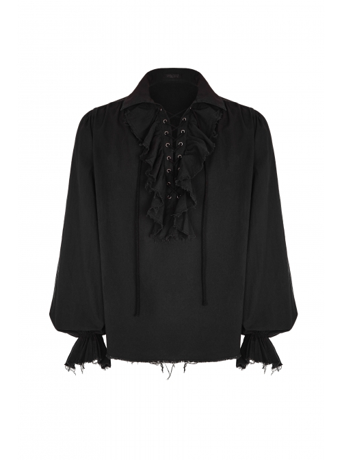 Punk Style Ruffle Decoration Cross Drawstring Distressed Process Retro Black Long Lantern Sleeves Loose Shirt