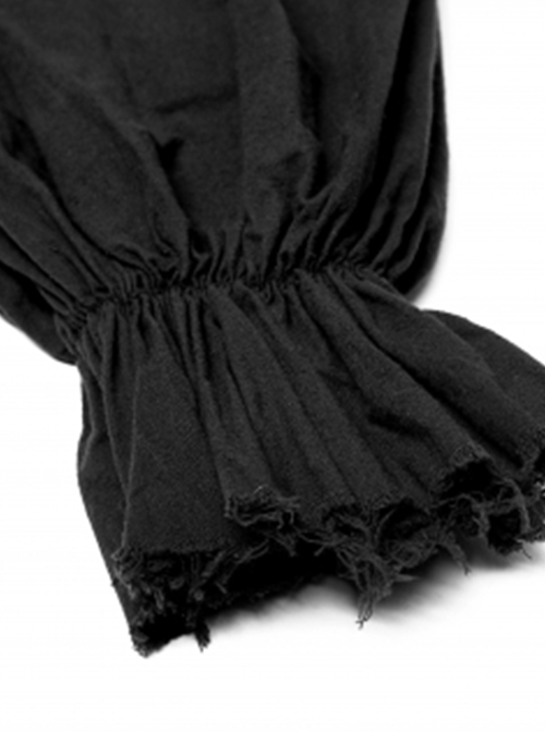 Punk Style Ruffle Decoration Cross Drawstring Distressed Process Retro Black Long Lantern Sleeves Loose Shirt