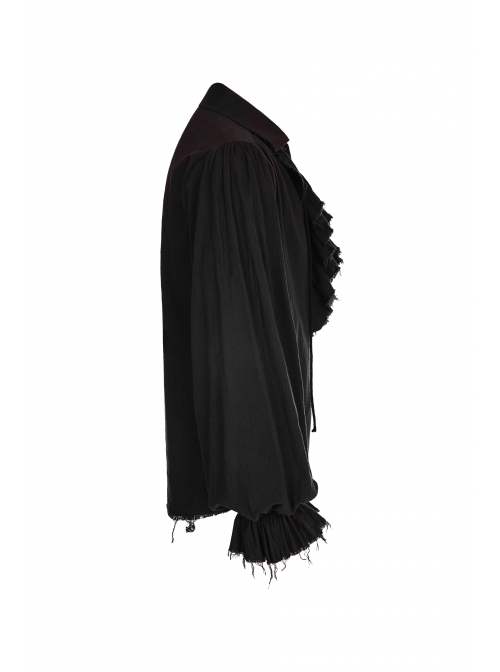 Punk Style Ruffle Decoration Cross Drawstring Distressed Process Retro Black Long Lantern Sleeves Loose Shirt