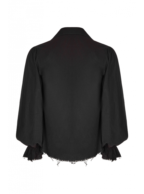 Punk Style Ruffle Decoration Cross Drawstring Distressed Process Retro Black Long Lantern Sleeves Loose Shirt