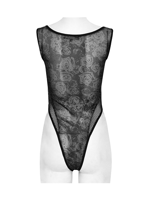 Punk Style Sexy Rose Dark Pattern Mesh Stitching High Crotch Design Daily Black Tight One Piece Vest