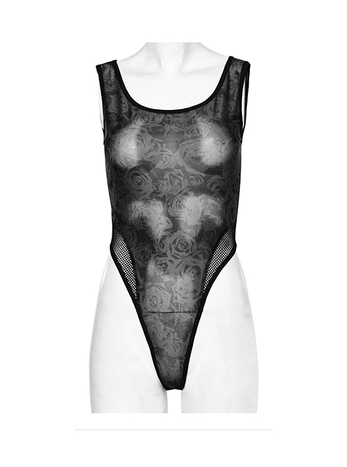 Punk Style Sexy Rose Dark Pattern Mesh Stitching High Crotch Design Daily Black Tight One Piece Vest