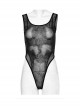 Punk Style Sexy Rose Dark Pattern Mesh Stitching High Crotch Design Daily Black Tight One Piece Vest