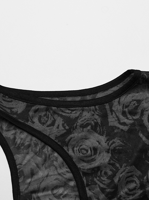 Punk Style Sexy Rose Dark Pattern Mesh Stitching High Crotch Design Daily Black Tight One Piece Vest