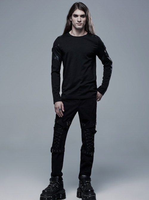 Punk Style Cool Metal Rivet Leather Straps Stitching Knitted Elastic Fabric Daily Black Long Sleeves T Shirt