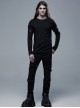 Punk Style Cool Metal Rivet Leather Straps Stitching Knitted Elastic Fabric Daily Black Long Sleeves T Shirt