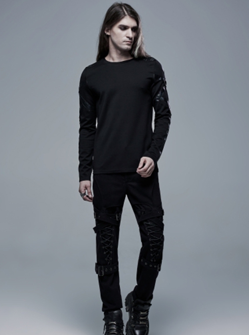 Punk Style Cool Metal Rivet Leather Straps Stitching Knitted Elastic Fabric Daily Black Long Sleeves T Shirt