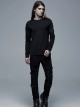 Punk Style Cool Metal Rivet Leather Straps Stitching Knitted Elastic Fabric Daily Black Long Sleeves T Shirt