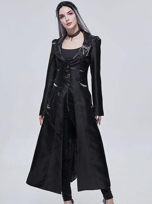 Punk Style Exquisite Skull Brooch Front Button Tie Black Long Sleeve Coat