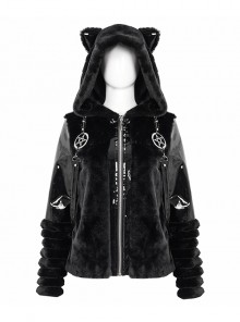 Punk Style Warm Imitation Wool Patchwork Shiny Leather Shoulder Metal Five Pointed Star Decoration Black Cat Ear Hooded Coat