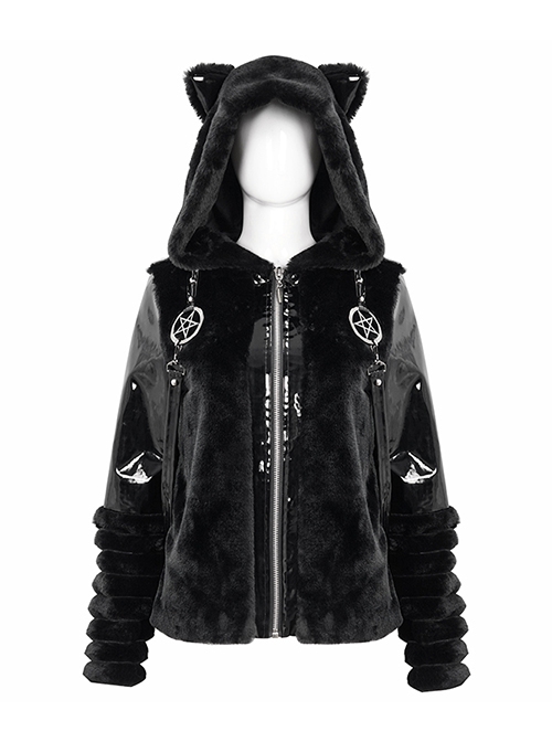 Punk Style Warm Imitation Wool Patchwork Shiny Leather Shoulder Metal Five Pointed Star Decoration Black Cat Ear Hooded Coat