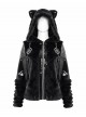 Punk Style Warm Imitation Wool Patchwork Shiny Leather Shoulder Metal Five Pointed Star Decoration Black Cat Ear Hooded Coat