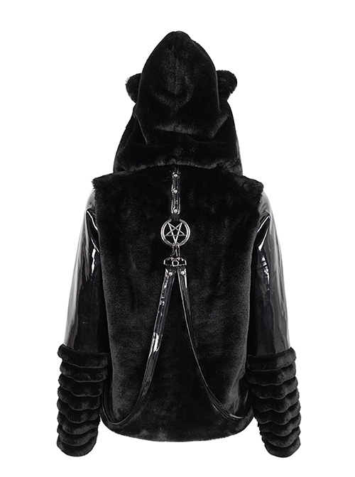 Punk Style Warm Imitation Wool Patchwork Shiny Leather Shoulder Metal Five Pointed Star Decoration Black Cat Ear Hooded Coat