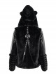 Punk Style Warm Imitation Wool Patchwork Shiny Leather Shoulder Metal Five Pointed Star Decoration Black Cat Ear Hooded Coat