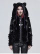 Punk Style Warm Imitation Wool Patchwork Shiny Leather Shoulder Metal Five Pointed Star Decoration Black Cat Ear Hooded Coat