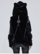 Punk Style Warm Imitation Wool Patchwork Shiny Leather Shoulder Metal Five Pointed Star Decoration Black Cat Ear Hooded Coat