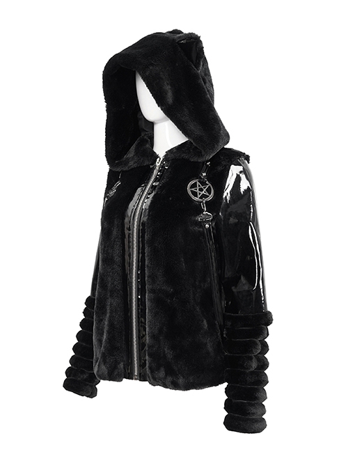 Punk Style Warm Imitation Wool Patchwork Shiny Leather Shoulder Metal Five Pointed Star Decoration Black Cat Ear Hooded Coat