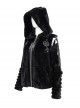 Punk Style Warm Imitation Wool Patchwork Shiny Leather Shoulder Metal Five Pointed Star Decoration Black Cat Ear Hooded Coat