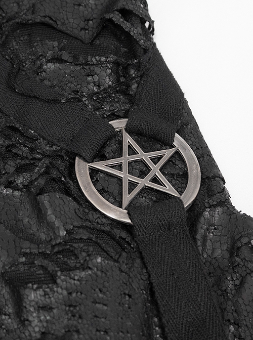 Punk Style Distressed Knitted Back Cross Mesh Stitching Shoulder Metal Five Pointed Star Black Hooded Coat