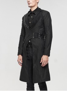 Punk Style Long Twill Faux Leather Asymmetrical Metal Pin Lapel Black Drawstring Gentleman Coat