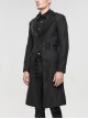 Punk Style Long Twill Faux Leather Asymmetrical Metal Pin Lapel Black Drawstring Gentleman Coat