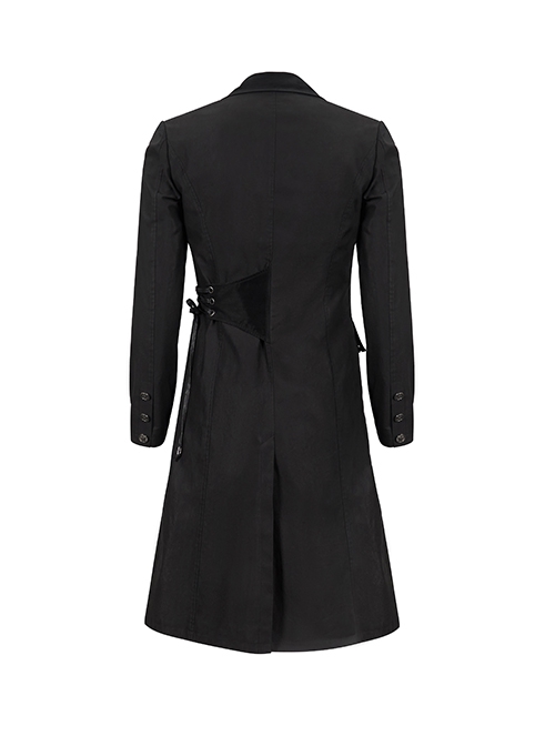 Punk Style Long Twill Faux Leather Asymmetrical Metal Pin Lapel Black Drawstring Gentleman Coat