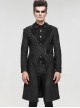 Punk Style Long Twill Faux Leather Asymmetrical Metal Pin Lapel Black Drawstring Gentleman Coat