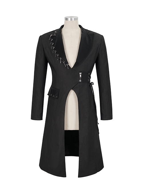 Punk Style Long Twill Faux Leather Asymmetrical Metal Pin Lapel Black Drawstring Gentleman Coat