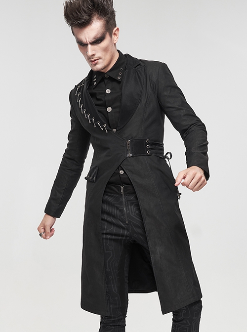 Punk Style Long Twill Faux Leather Asymmetrical Metal Pin Lapel Black Drawstring Gentleman Coat