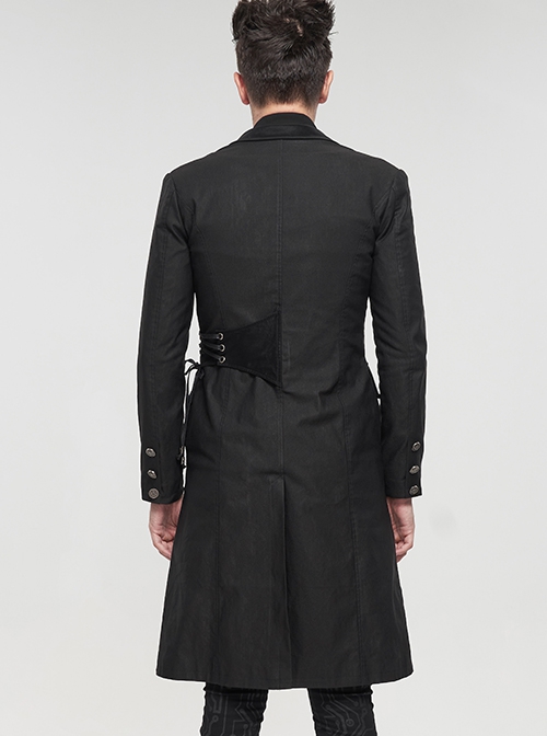 Punk Style Long Twill Faux Leather Asymmetrical Metal Pin Lapel Black Drawstring Gentleman Coat