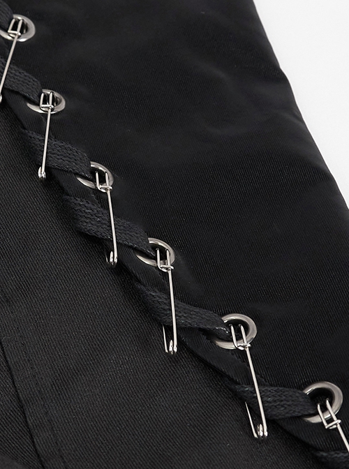 Punk Style Long Twill Faux Leather Asymmetrical Metal Pin Lapel Black Drawstring Gentleman Coat