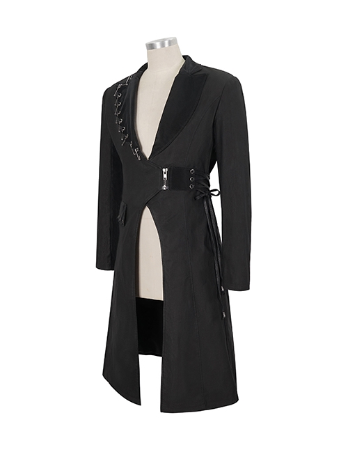 Punk Style Long Twill Faux Leather Asymmetrical Metal Pin Lapel Black Drawstring Gentleman Coat