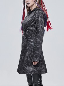 Punk Style Personality Dark Pattern Woven Shoulder Stitching Leather Metal D Button Front Center Five-Pointed Star Decoration Black Hooded Coat