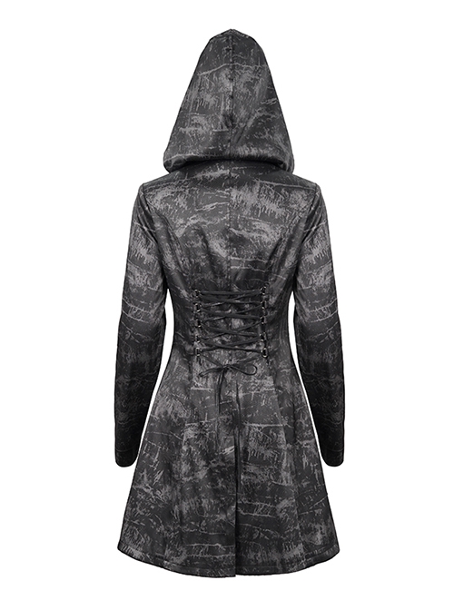 Punk Style Personality Dark Pattern Woven Shoulder Stitching Leather Metal D Button Front Center Five-Pointed Star Decoration Black Hooded Coat