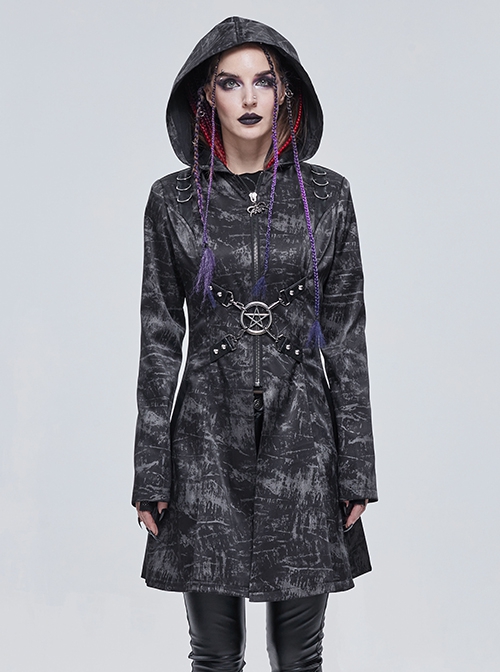 Punk Style Personality Dark Pattern Woven Shoulder Stitching Leather Metal D Button Front Center Five-Pointed Star Decoration Black Hooded Coat