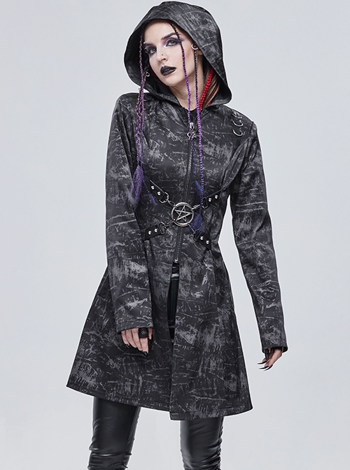 Punk Style Personality Dark Pattern Woven Shoulder Stitching Leather Metal D Button Front Center Five-Pointed Star Decoration Black Hooded Coat