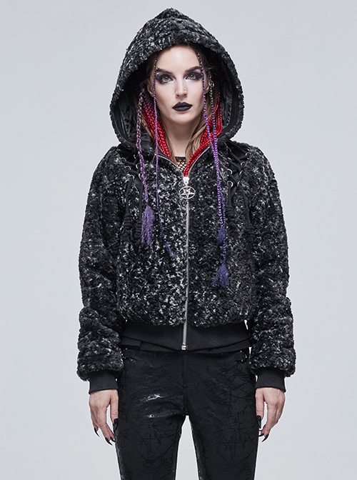 Punk Style Personalized Wool Shoulder D-Shaped Buckle Drawstring Decoration Front Center Metal Five Pointed Star Zipper Black And White Fleece Coat