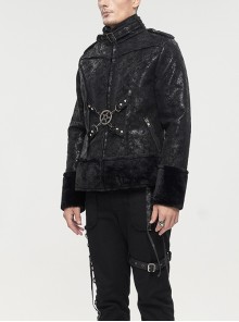 Punk Style Warm Plush Front Center Detachable Five Pointed Star With Epaulettes Decoration Black Vintage Coat