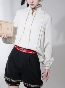 Versatile Chinese Tibetan Ethnic Style Elements Vintage Standing Collar Long Sleeves Ouji Fashion White Shirt