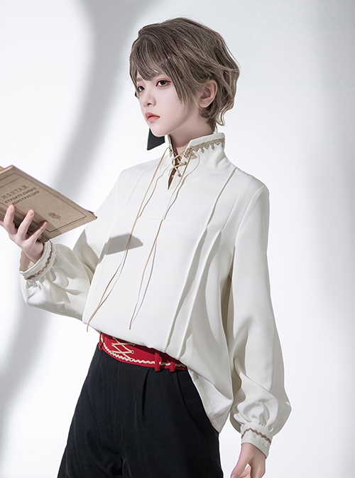 Versatile Chinese Tibetan Ethnic Style Elements Vintage Standing Collar Long Sleeves Ouji Fashion White Shirt