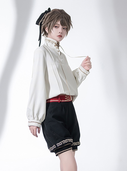 Versatile Chinese Tibetan Ethnic Style Elements Vintage Standing Collar Long Sleeves Ouji Fashion White Shirt