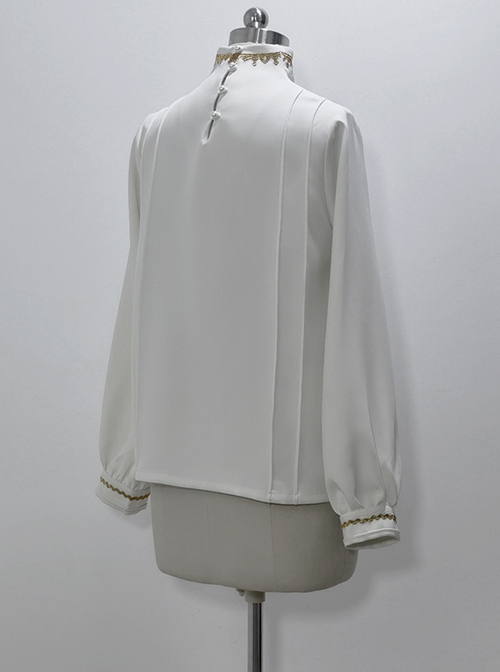 Versatile Chinese Tibetan Ethnic Style Elements Vintage Standing Collar Long Sleeves Ouji Fashion White Shirt