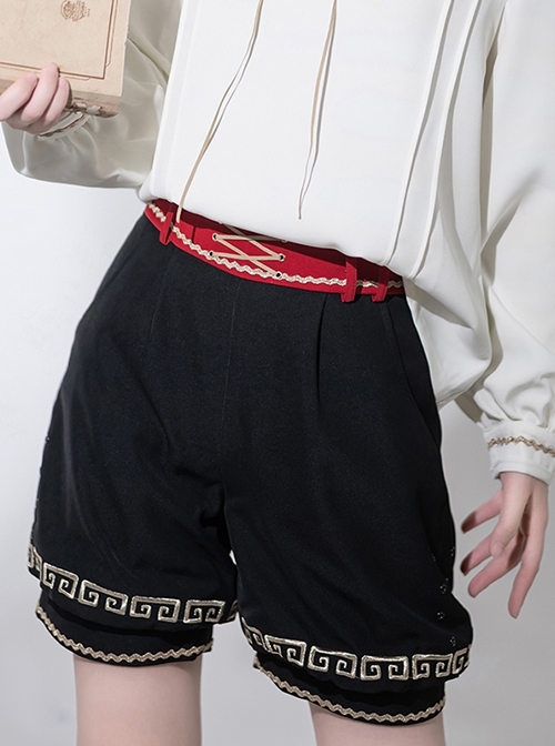 Chinese Tibetan Folk Style Lucky Cloud Pattern Versatile Cool Juvenile Ouji Fashion Black Short Pants