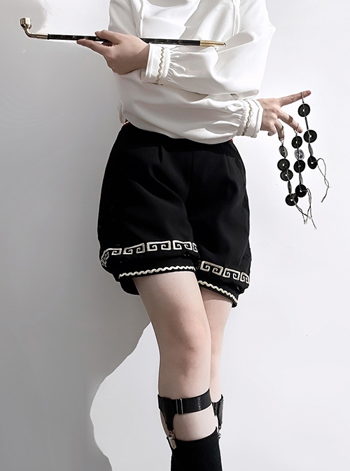 Chinese Tibetan Folk Style Lucky Cloud Pattern Versatile Cool Juvenile Ouji Fashion Black Short Pants