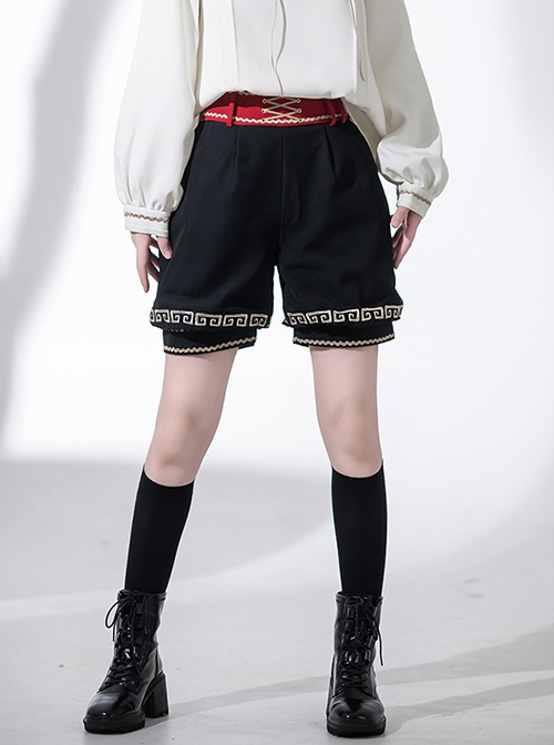 Chinese Tibetan Folk Style Lucky Cloud Pattern Versatile Cool Juvenile Ouji Fashion Black Short Pants