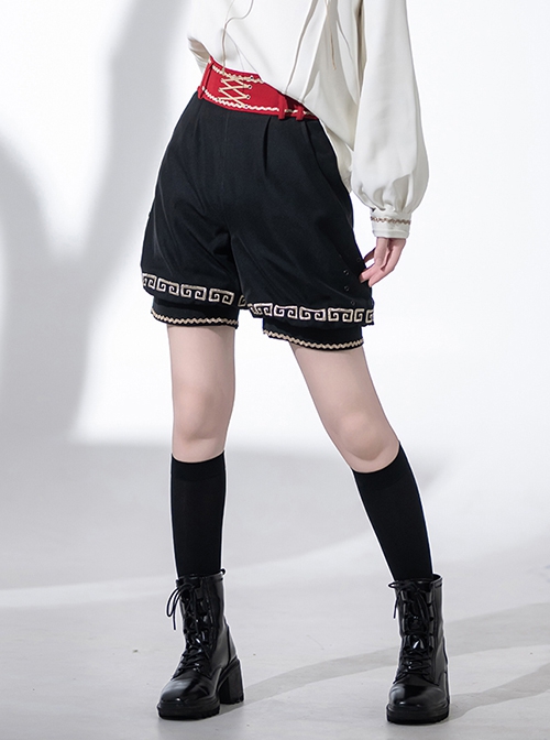 Chinese Tibetan Folk Style Lucky Cloud Pattern Versatile Cool Juvenile Ouji Fashion Black Short Pants