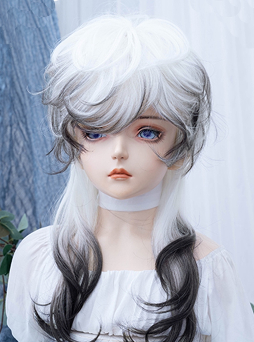 Black White Chessboard Series New Chinese Gradient Jellyfish Head Ouji Fashion Wolf Tail Long Curly Wig