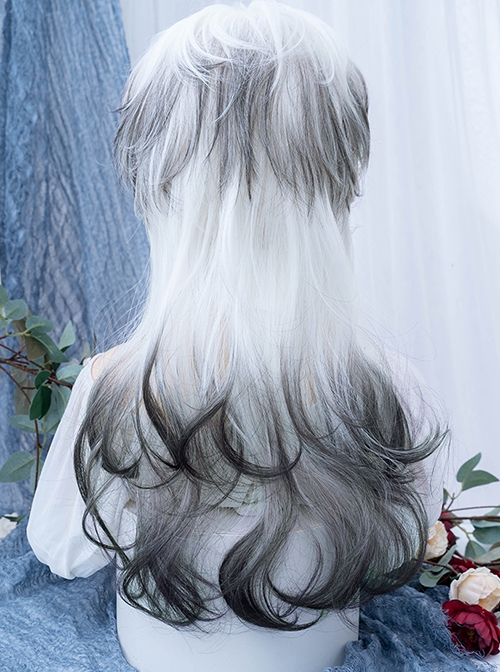 Black White Chessboard Series New Chinese Gradient Jellyfish Head Ouji Fashion Wolf Tail Long Curly Wig