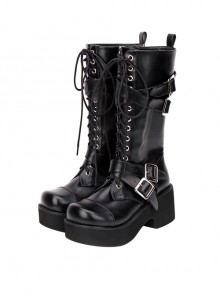 Versatile Daily Black Cool Punk Style Ouji Fashion Thick Bottom Tie Shoelaces Long Knight Boots
